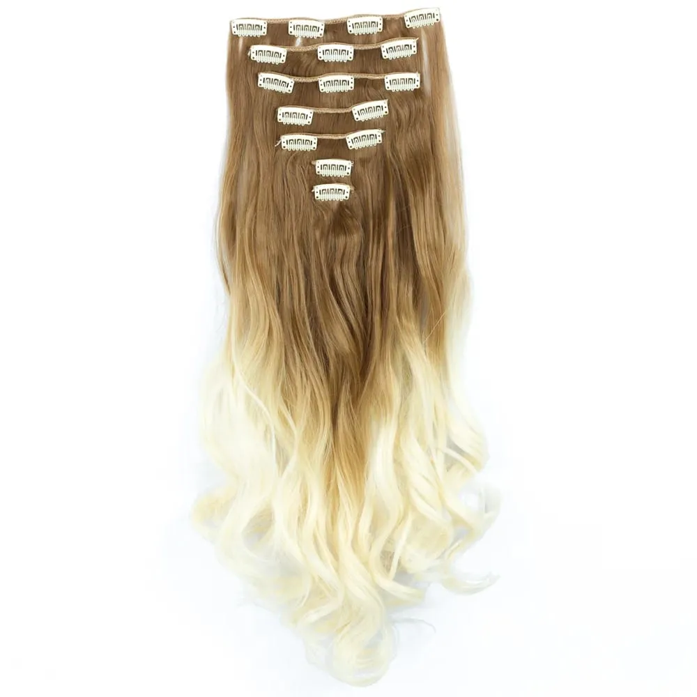 Clip in Long Wavy Synthetic Hair Extension 22 Inch Black 7PCS Thick Hairpieces Fiber Double Weft Hair for Women