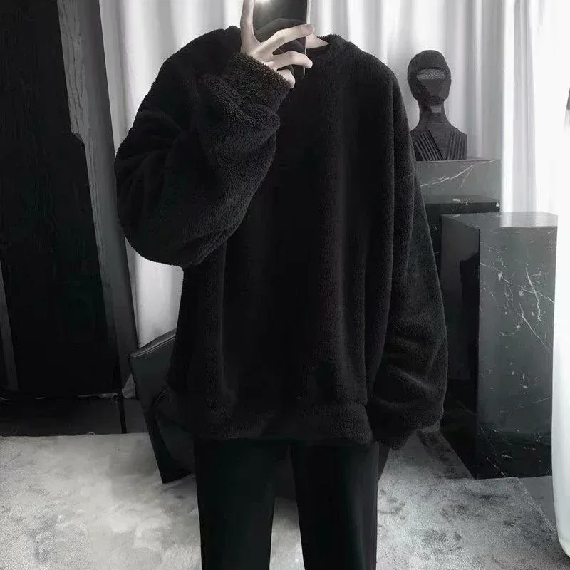 Oversize Sweatshirt Solid Color Lamb Hair O-Neck Long Sleeve Men's Sweatshirt Korean Fashion Loose Hoodies Streetwear Harajuku