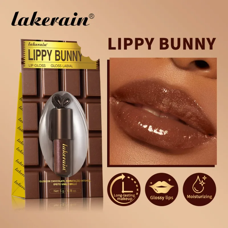 Lakerain Chocolate Rabbit Lip Gloss Long Lasting Hydration Mirror Effect Moisturizing Smooth Non-Sticky Lippy Bunny Lipstick