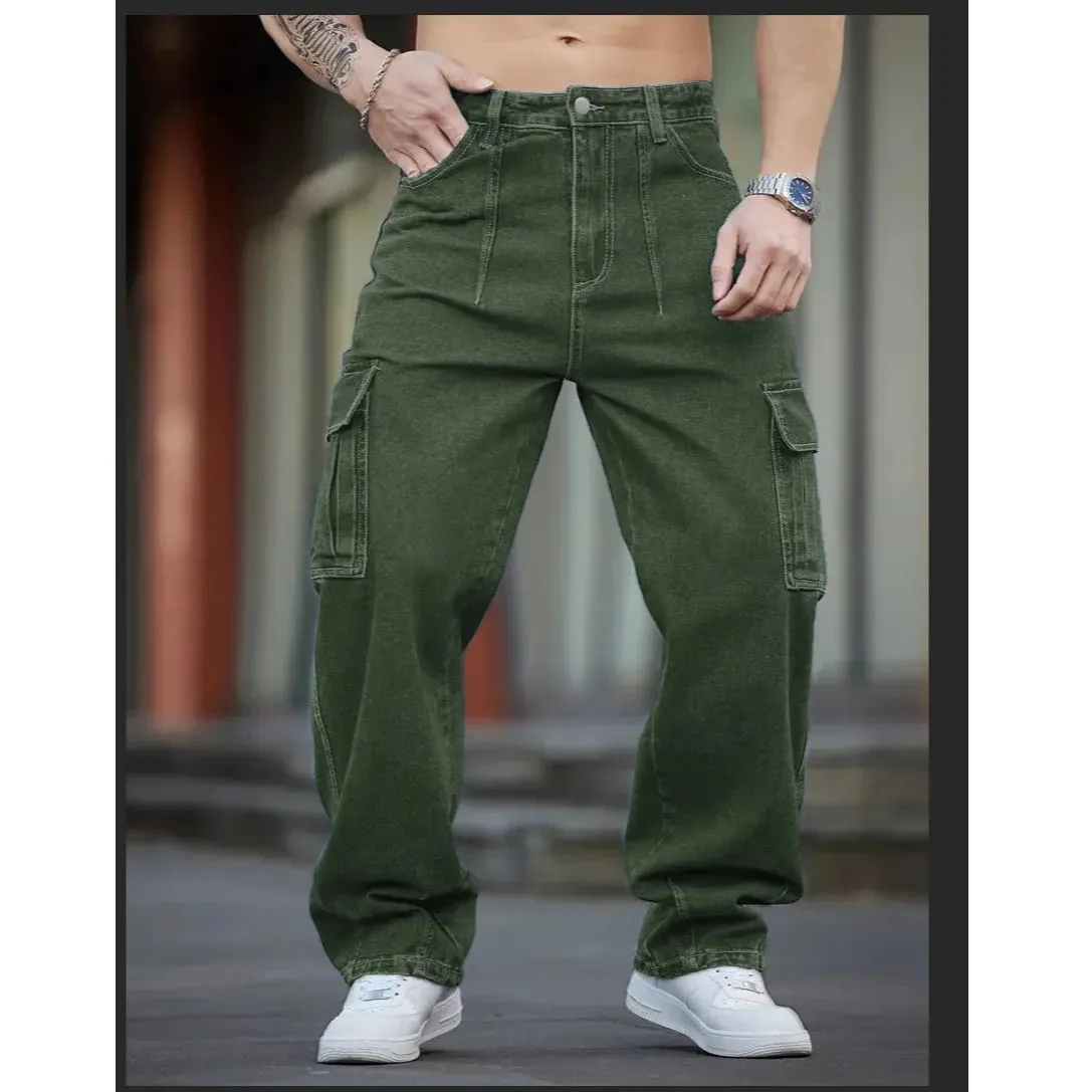 2026 New Arrival Men Cargo Jeans Multi‑Pocket Loose Wide Leg Straight Denim Pants HipHop Street Workwear Trousers
