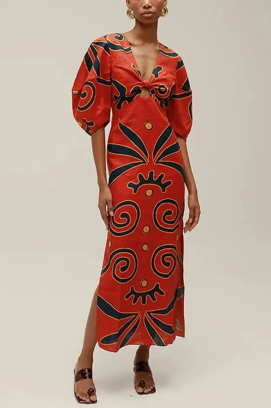 Summer Women Linen Material Long Dresses Fashion Chic Print Sexy V-neck Hollow Out High Waist Party Dress Lady Robes