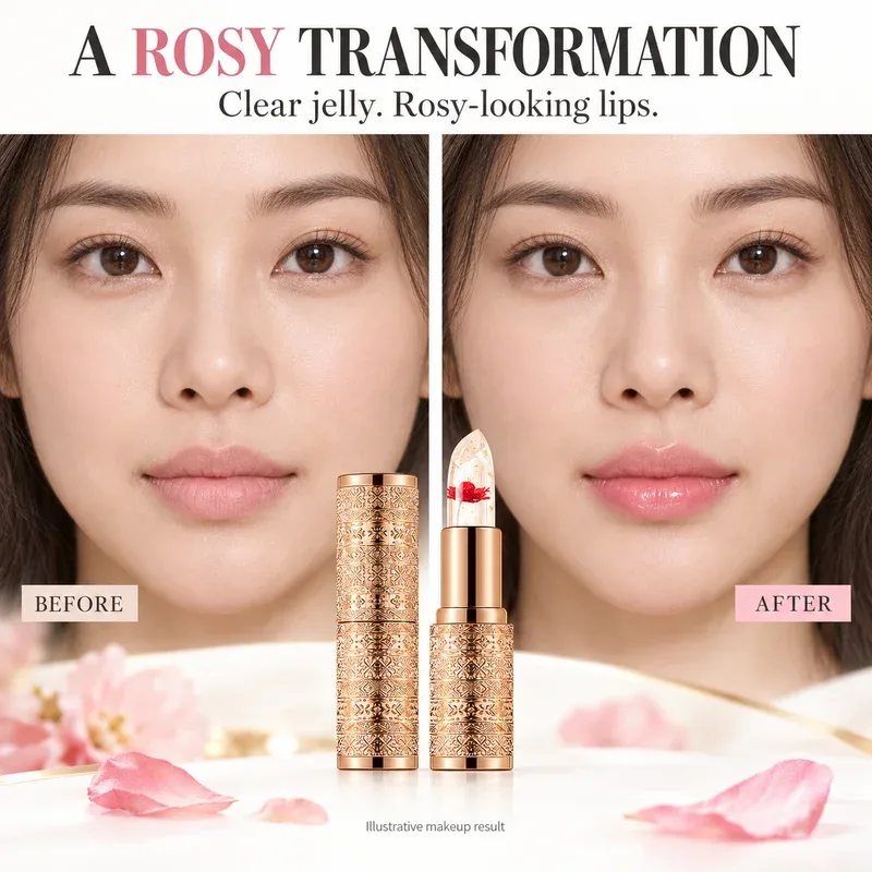 Crystal Flower Jelly Lipstick Color Changing Clear Lip Tint Glossy Pink Finish Gold Case 3 Flower Colors for Everyday Makeup