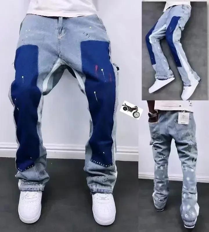 Distressed Bell-bottom Jeans Color Block Construction Details Street Style Trendy Unique Niche Pants Men's Fashion — image 3