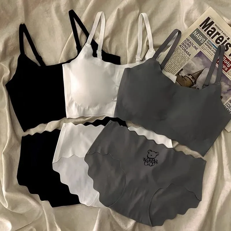Women's Seamless Wireless Bralette Set Cute Bear Print No Trace Bra & Panty Comfort Lingerie for Daily Wear
