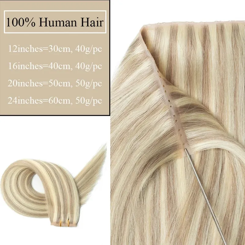 Blonde injected Hole Weft Human Hair Extensions Straight Twin Tab Butterfly Weft Natural Invisible Brown Hole Weft Extensions — image 2