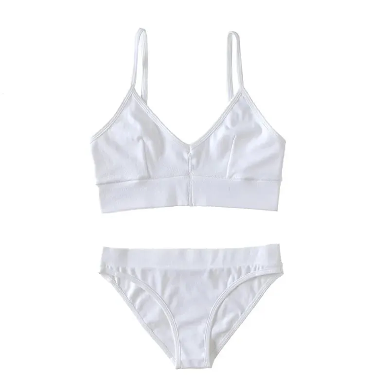 Women Lingerie Set V‑Neck Thin Strap Bra And Briefs Solid Color Soft Stretch Underwear Sleepwear