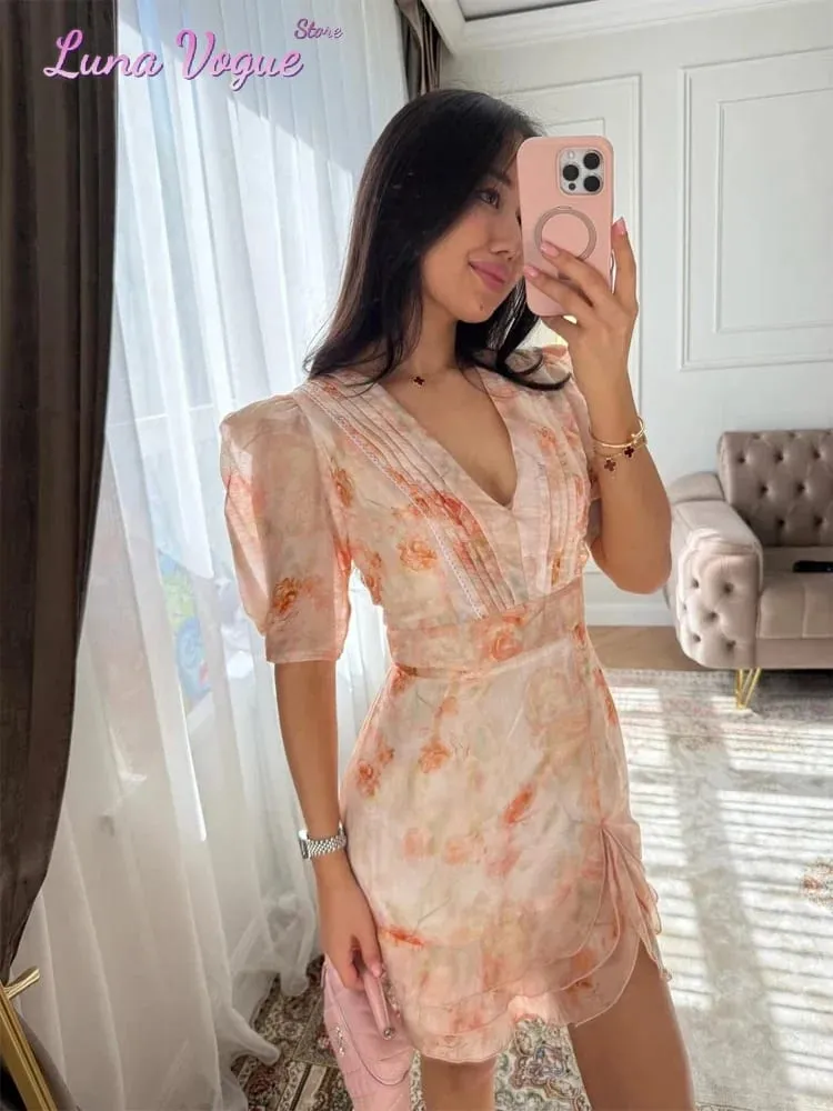 Women Floral Printed V-neck Mini Dress Fashion Half Sleeve High Waist Ruffle Slim Dresses 2026 Summer Elegant Lady Vacation Wear