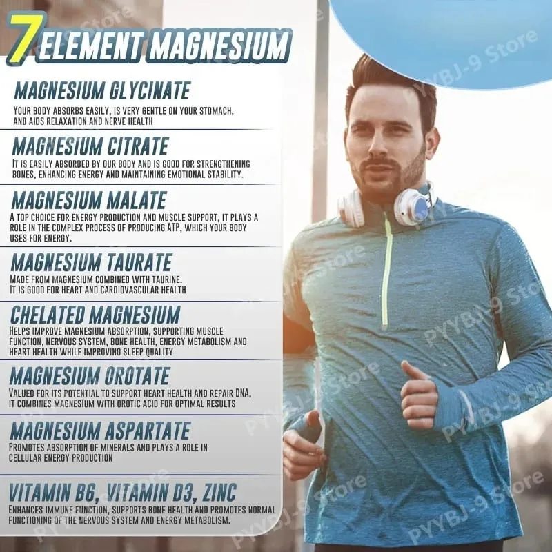 Magnesium-7-Komplex-Ergänzungsmittel mit Glycinat-Citrat-Malat-Chelat-Zink-Vitamin D3 B6 zur Linderung der Schlafmuskulatur, 60 Kapseln