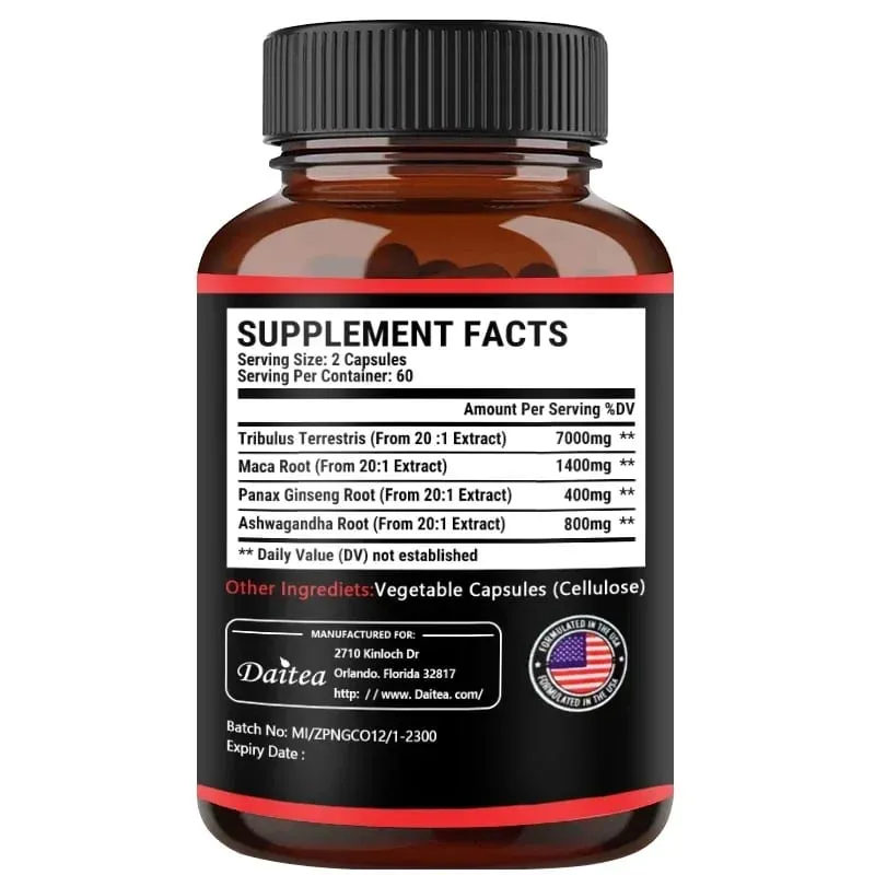 Daitea Tribulus + Maca Extract Capsules - Extra Strength 9600 Mg - Energy Endurance & Natural Energy Non-GMO
