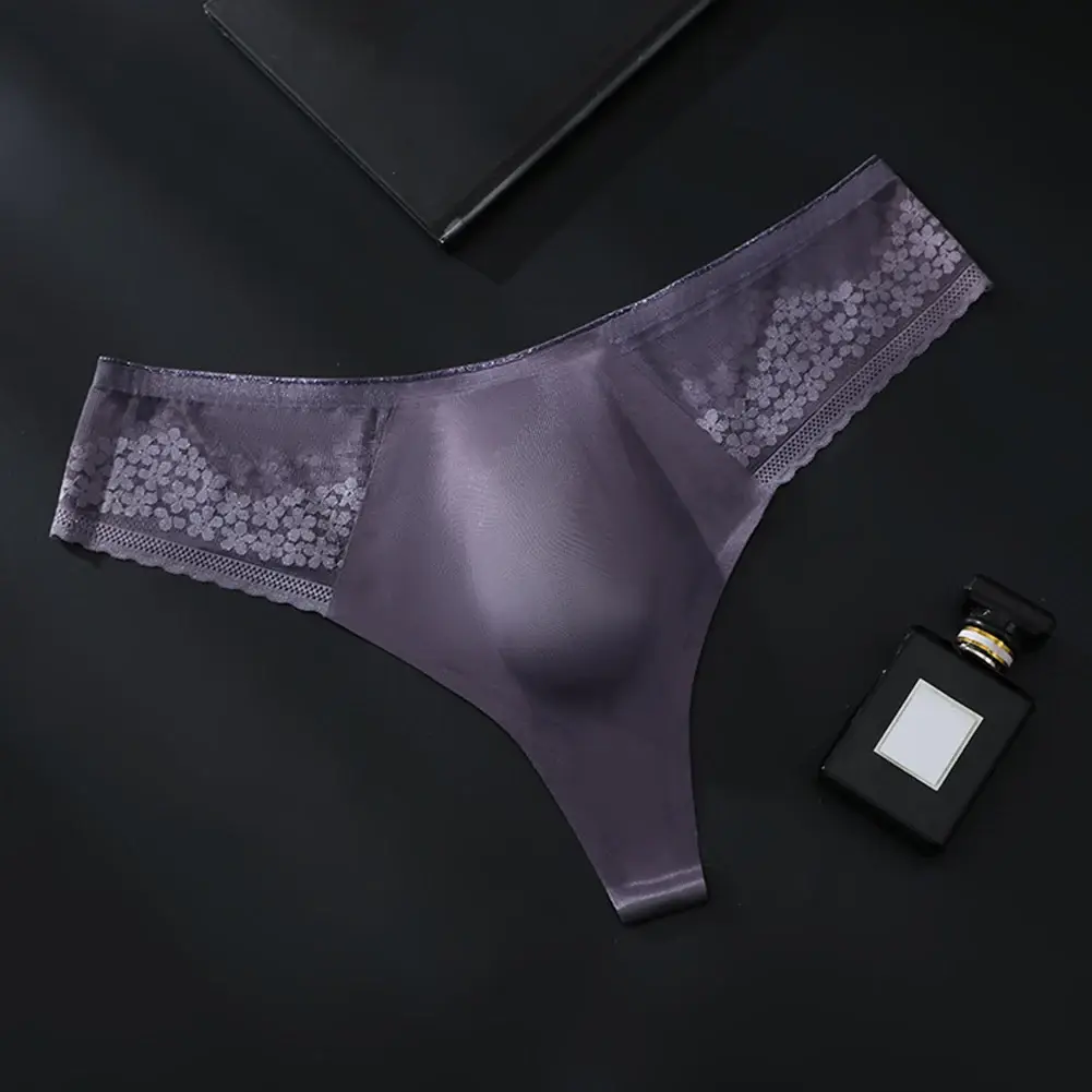 Breathable Men's Lace G-String Underwear Featuring Thin Seamless Ice Silk Fabric with 3D Bulge Pouch and Solid Color Design