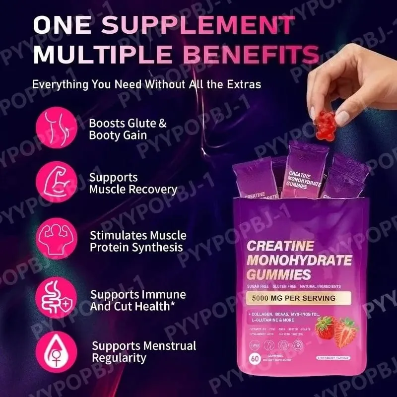 Creatine Monohydrate Gummies 60 Count with Collagen Biotin Vitamin D3 & Hyaluronic Acid for Daily Pre & Post Workout Recovery