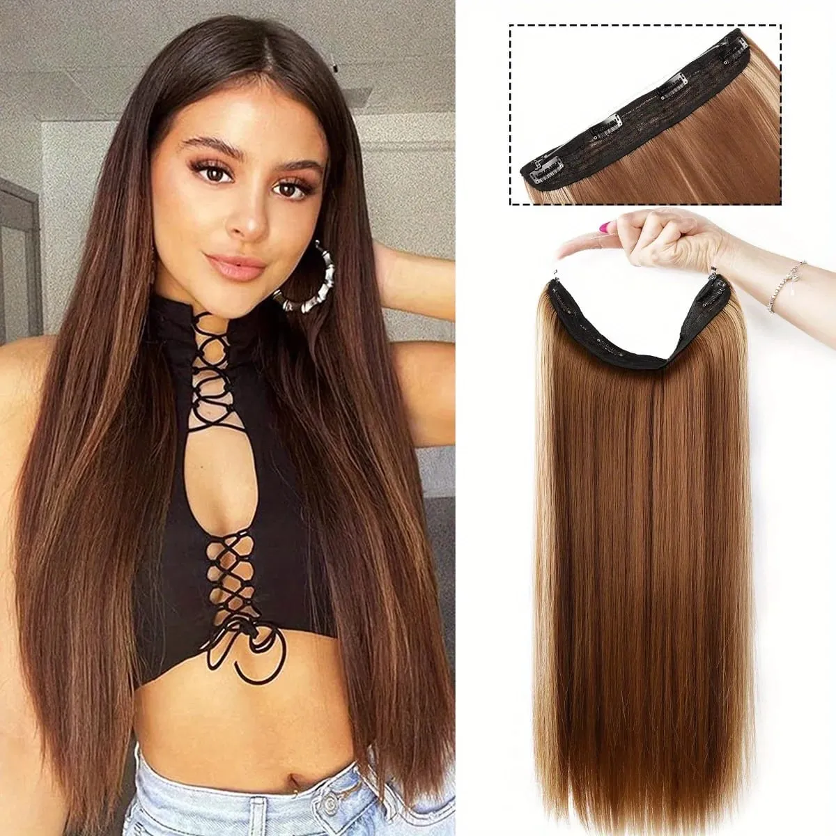 Invisible Wire Hair Extensions Adjustable Size Removable Secure Clips in 24 Inch Straight Secret Hairpiece for Women — image 12