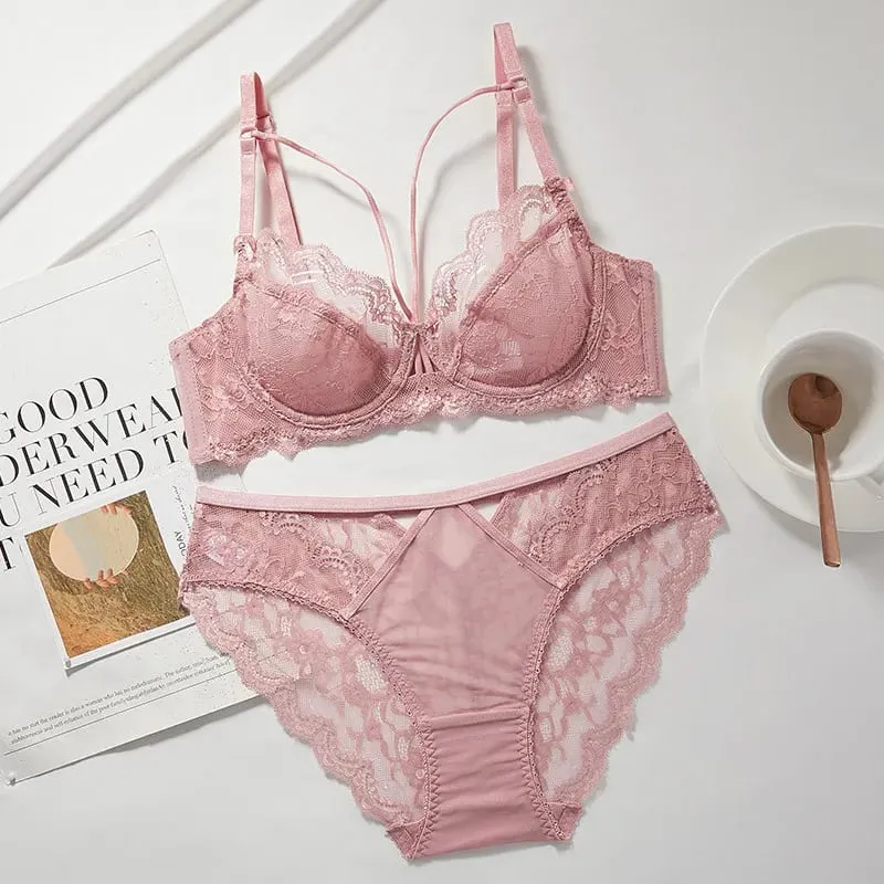 Women's Ultra-Thin Lace Lingerie Set Soft Wire Bra with Push-Up Support Designed to Minimize Bust Appearance and Prevent Sagging