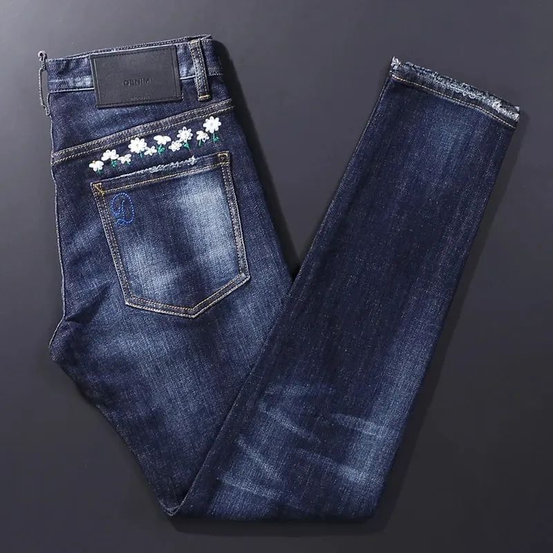 High Street Retro Blue Elastic Split Style Jeans for Men Hip-Hop Designer Embroidery Brand Tight Fit Casual Pants