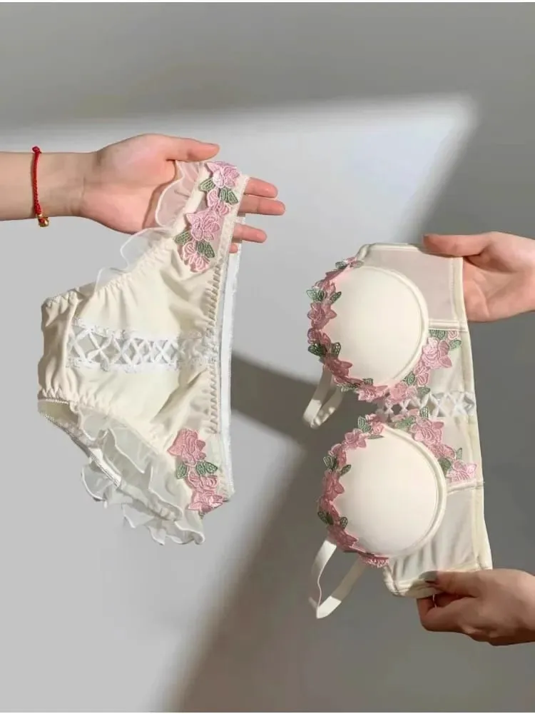 Japanese Kawaii Bralette Set for Small Bust Summer Wireless Lingerie Ultra-Thin Pure & Sensual Snug Fit Bra No Steel Rings