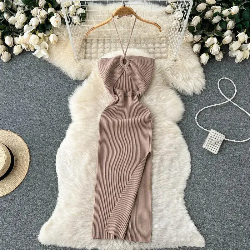 YuooMuoo elegante moda Sexy paquete caderas dividido vestido de verano de punto 2025 mujeres ajustado vestido ajustado elástico vestido de fiesta ropa de calle traje