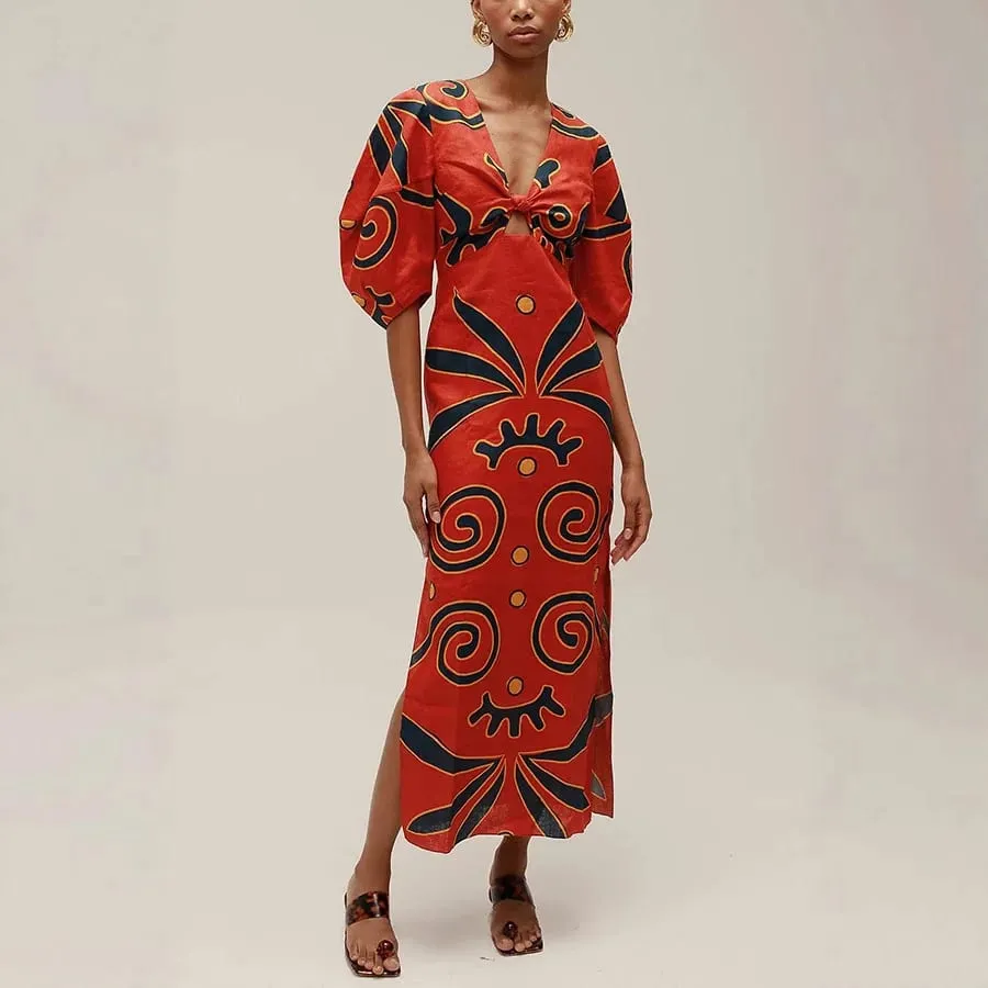 Summer Women Linen Material Long Dresses Fashion Chic Print Sexy V-neck Hollow Out High Waist Party Dress Lady Robes