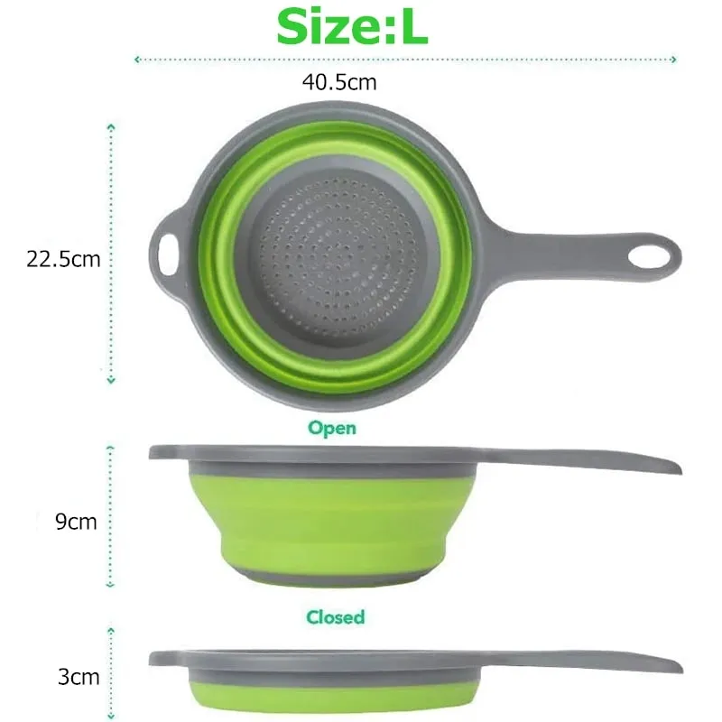 Silicone Collapsible Colander with Handle Kitchen Folding Strainer Colander for Draining Pasta Vegetable Fruit JT111