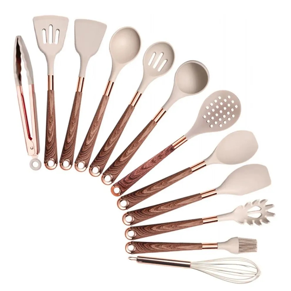 Silicone Cooking Utensils Set Non-Scratch Non-Stick Heat Resistant Spatula Spoon Rose Gold Handle With Bucket Kitchen Gift — image 9