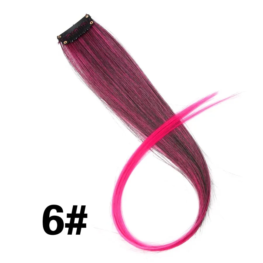 Lige farvet hårstykke Hair Extensions Clip In Highlight Regnbuehår Pink Blå Lilla Syntetisk på klips til kvinder piger — image 12