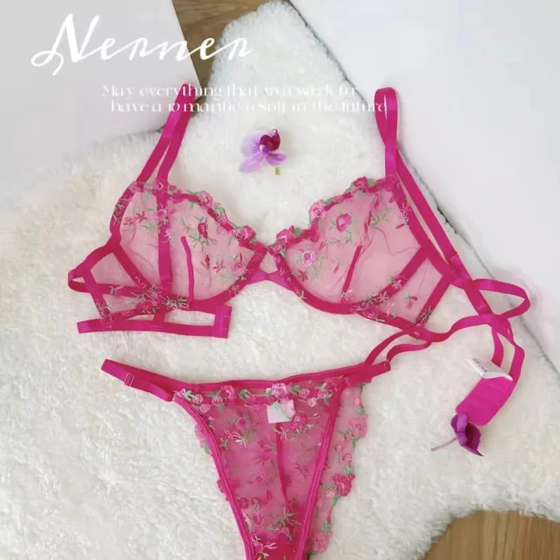 French Floral Bra Set Women | Sweet Sexy Sheer Mesh Lace Transparent Underwear Set | Practical & Feminine MOYISU Sexy Panty Set