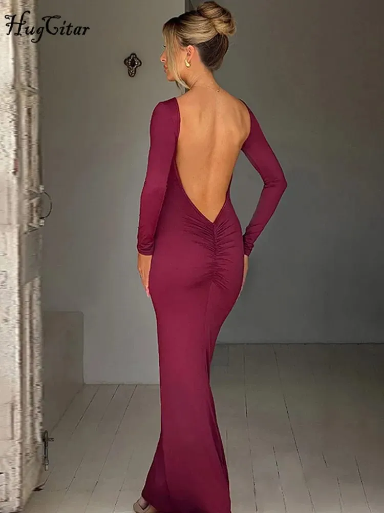 Hugcitar Spring Elegant Long Sleeve Backless Solid Cuched Sexy Bodycon Maxi Prom Dress Women Outfit Evening Party Festival Y2K — image 3