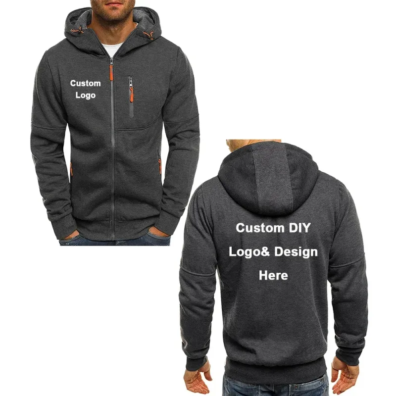 Men's Zipper Hooded Jacket with Pockets Customized Logo Image Text Casual Sports Streetwear Men's Casual Cardigan Fashionabl