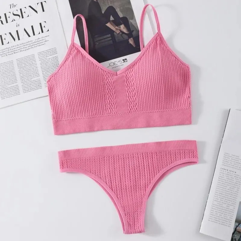 Women Seamless Bra Panties Set Push-Up Non-wire Bralette Low-Rise Briefs Sexy Lingerie Female Comfort Rib Sports Underwear Set