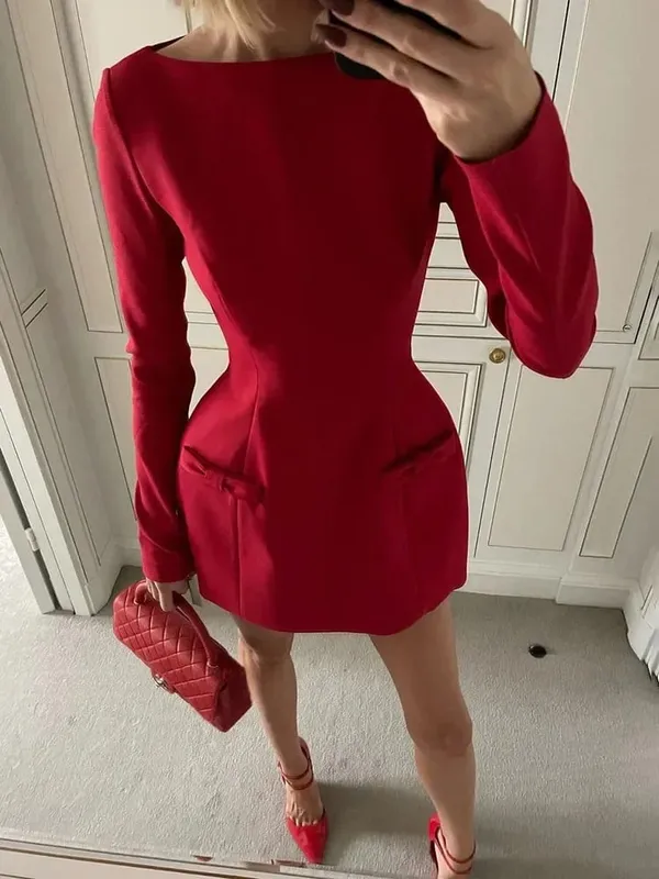 Bows Splice Long Sleeve Mini Dress Elegant Office Woman Solid Bodycon Club Party Dresses 2024 Autumn High Waist Fashion — image 8