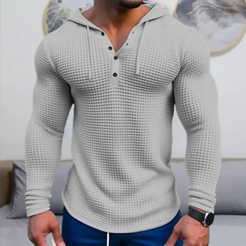 T-shirt à manches longues pour hommes, couleur unie, coupe cintrée, à capuche, respirant, haut de sport, en coton gaufré, décontracté, printemps