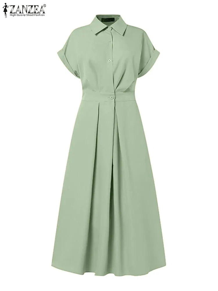 Women Summer OL Work Dress ZANZEA Elegant Short Sleeve Office Sundress Casual Solid A Line Buttons Holiday Vestidos Kaftan Robe