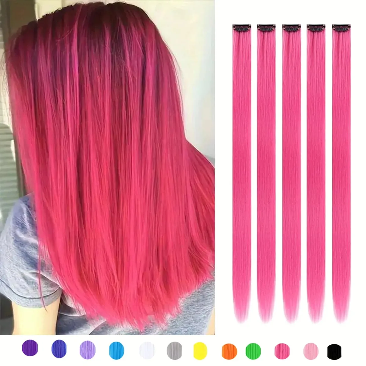 5Packs Colored Hair Extensions 22Inch Straight Color Clip in on Hair Extension Rainbow Party Highlights Synthetic Hair