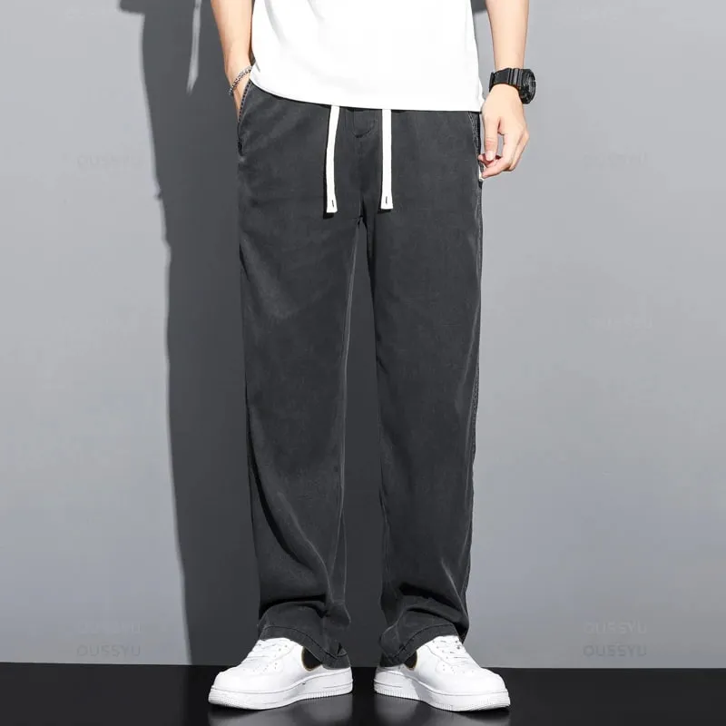 Summer Soft Lyocell Fabric Men's Jeans Thin Loose Straight Pants Drawstring Elastic Waist Korea Casual Trousers Plus Size M-5XL — image 4