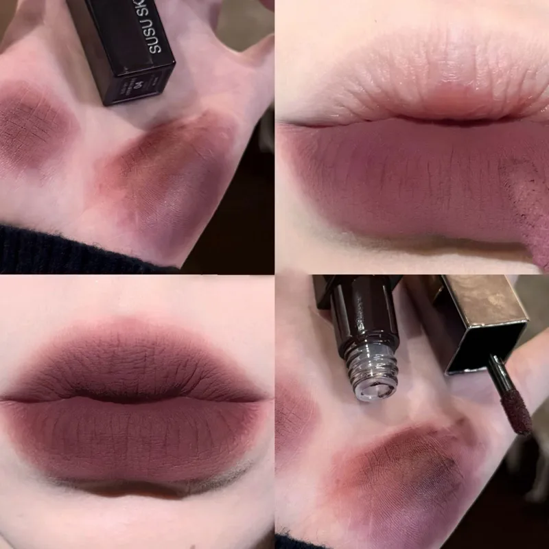 Waterproof Punk Gothic Matte Black Lipstick Purple Lipgloss Makeup Mousse Lip Mud Dark Red Brown Lipstick Non-stick Cup Lip Tint