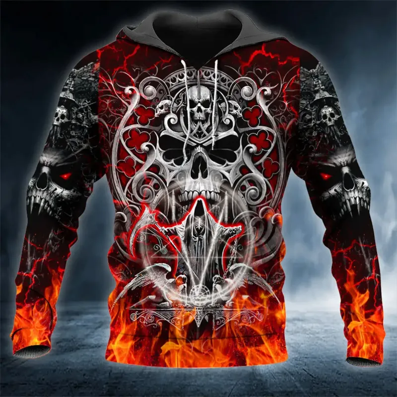 Men Hoodies 3D Print Horror Flaming Skull Graphic Fashion New Style Casual Pullover Personality Oversize Men Clothing Tops