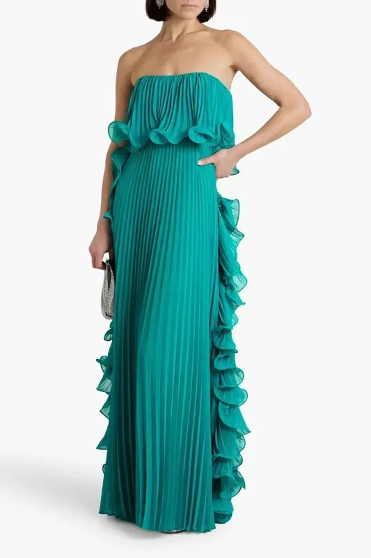Vestido de fiesta de verano para mujer, vestido largo formal de gasa plisado naranja, vestido de fiesta de playa sin tirantes con volantes hecho a medida