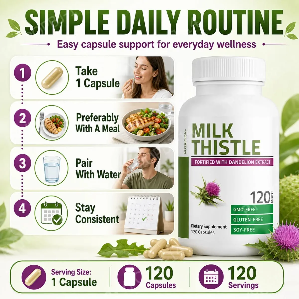 Milk Thistle Silymarin Marianum & Dandelion Extract Liver Health Support Antioxidant Support Detox 120Count Non-GMO Gluten Free