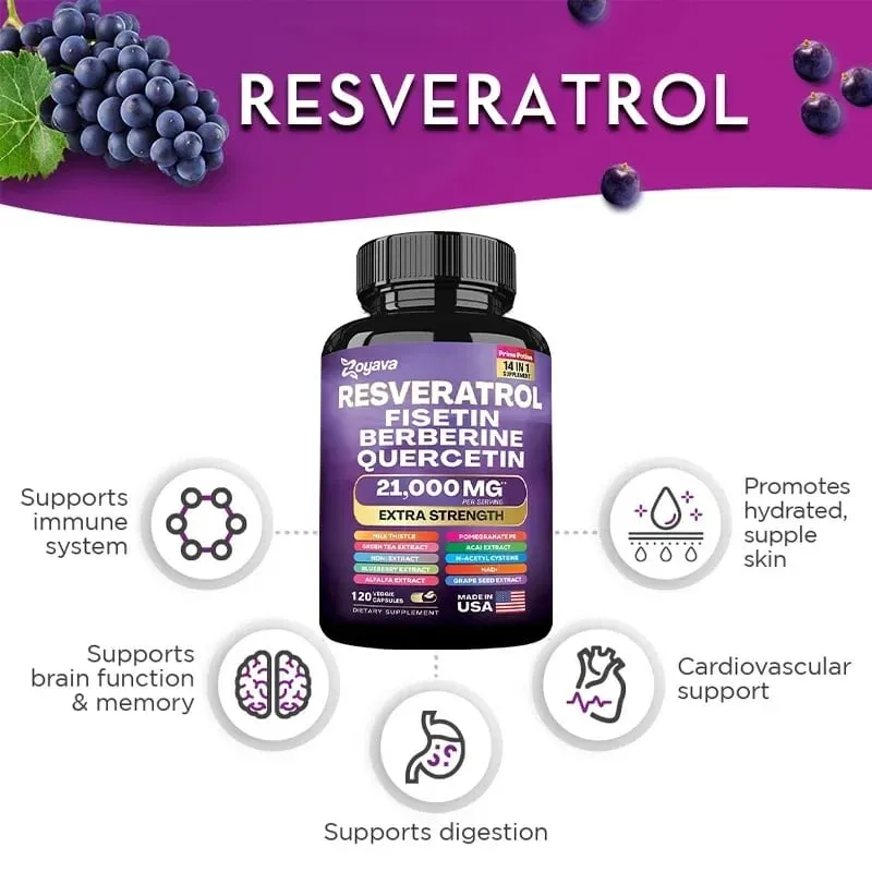 Resveratrol Extract Capsules - Benefits Immunity Antioxidants Cardiovascular Health Promotes Smooth Skin