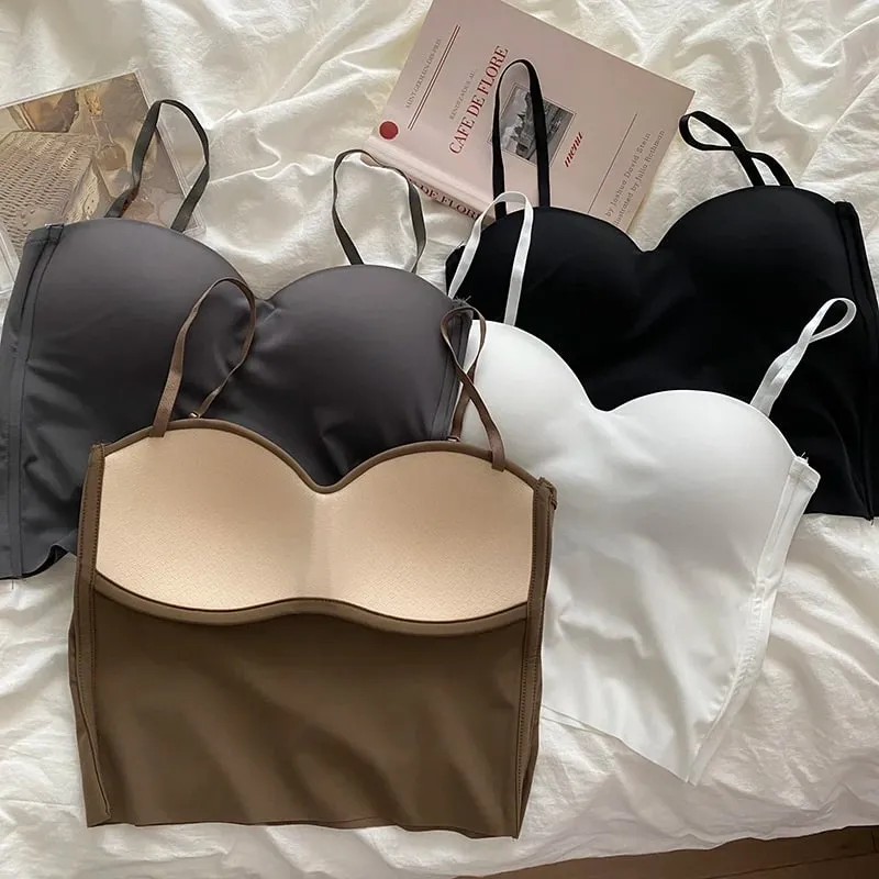 Hot Girls Thin Section Double Straps Solid Color Suspenders Inside Sport Vest Sexy Outer Wear Bottoming Slim Women Crop Tops Bra