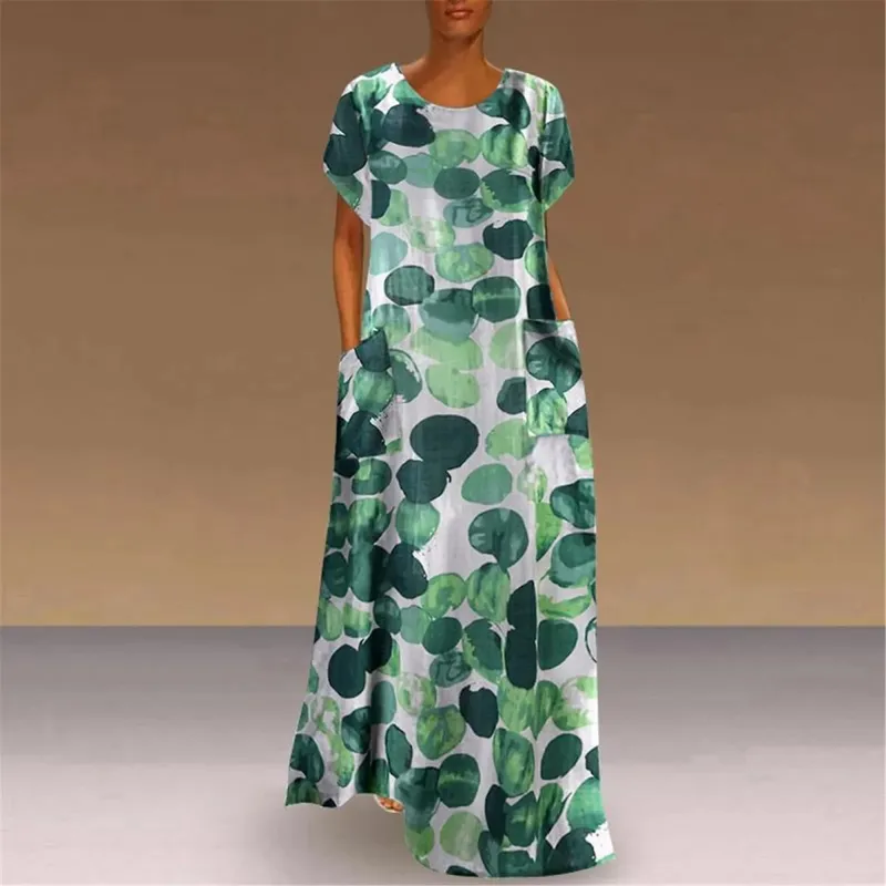 Spring Summer Long Dresses For Women New Floral Printing Short Sleeve Pockets Round Neck Casual Elegant Loose Female's Vestidos