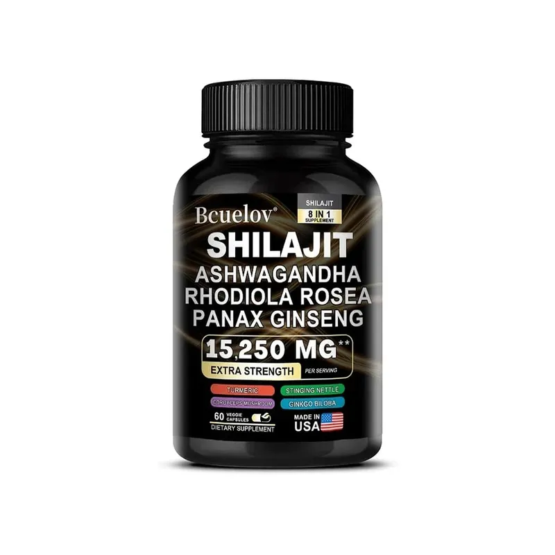 Shilajit 9000 Ginseng 1500MG Ashwagandha 2000MG - 8'i 1 Arada Doğal Bitki Kompleksi Ekstraktları Enerji Bağışıklık Kas Gücü Sağlar