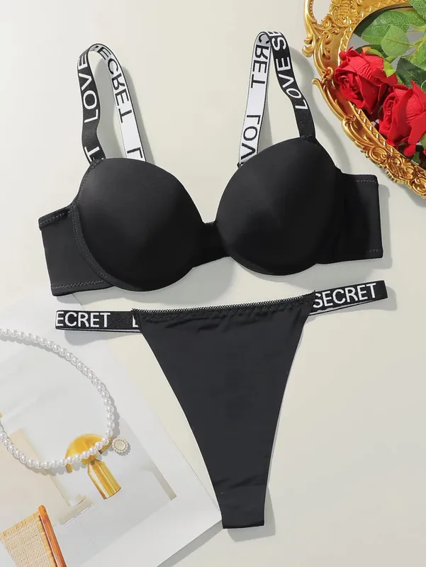 Viomisha Sexy Bras Set Push Up Bra with Letter Shoulder Strap Women Solid Everyday Underwear Panty Set Daily Lingerie Outfit S-L