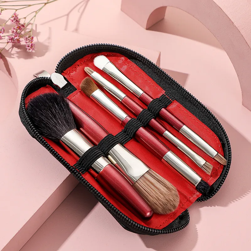 5 Pcs Mini Makeup Brushes Set Eye Shadow Foundation Powder Eyelash Lip Concealer Blush Nature Bristle Set Travel Portable Sof