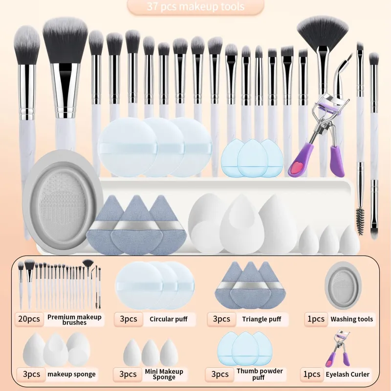 37PCS Makeup Tools Set 20 Brushes + Sponges Puffs Eyelash Curler Cleaning Tool for Full Face — image 9