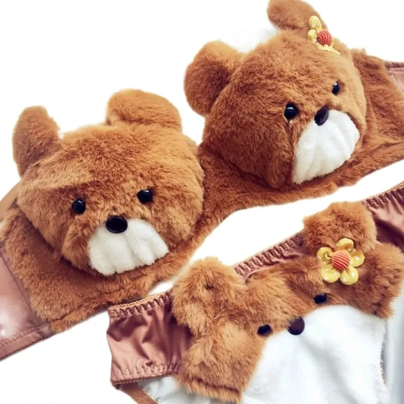 Lingerie invernale da donna con motivo panda a cartoni animati, reggiseno e mutandine in peluche peloso, biancheria intima per cosplay di anime giapponesi, scolaretta