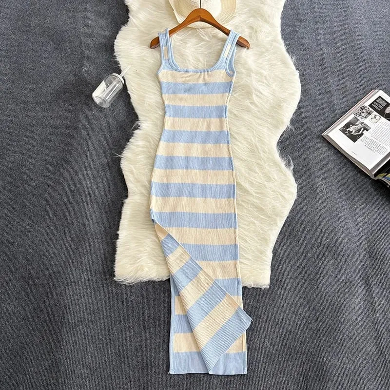 2024 Stripe Summer Elastic Split Bodycon Dress Sexy Beach Vacation Sundress Women Casual Slim Pencil Vestidos Maxi Long Dress — image 3