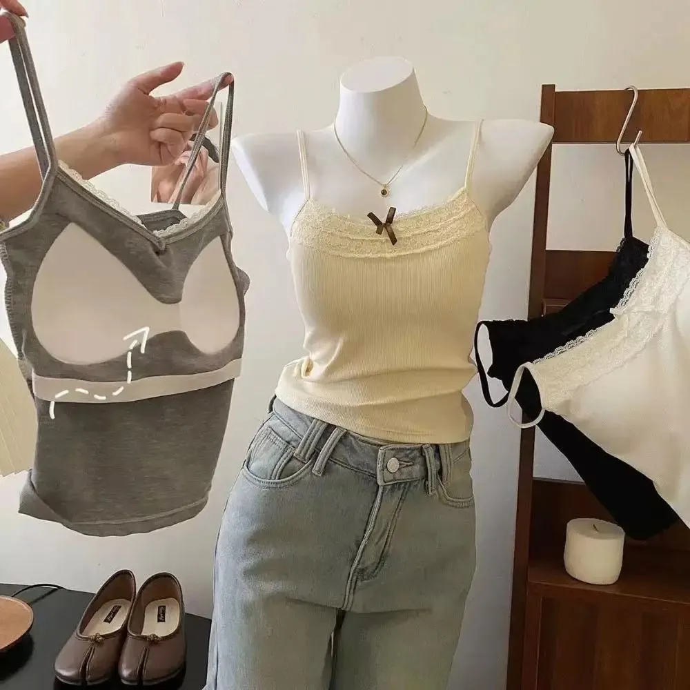 2026 Korean Y2k Crop Top Spring Summer Lace Tank Top Women Cropped Cute Camis Vest Sexy White Crop Tops Sleeveless Vest Coquette