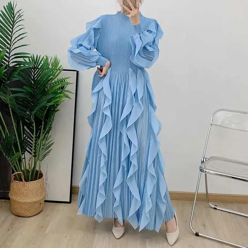 Fashion Ruffles Pleated Dress Women Round Neck Flare Sleeves Solid Maxi Belt Dresses Party 2025 Autumn New
