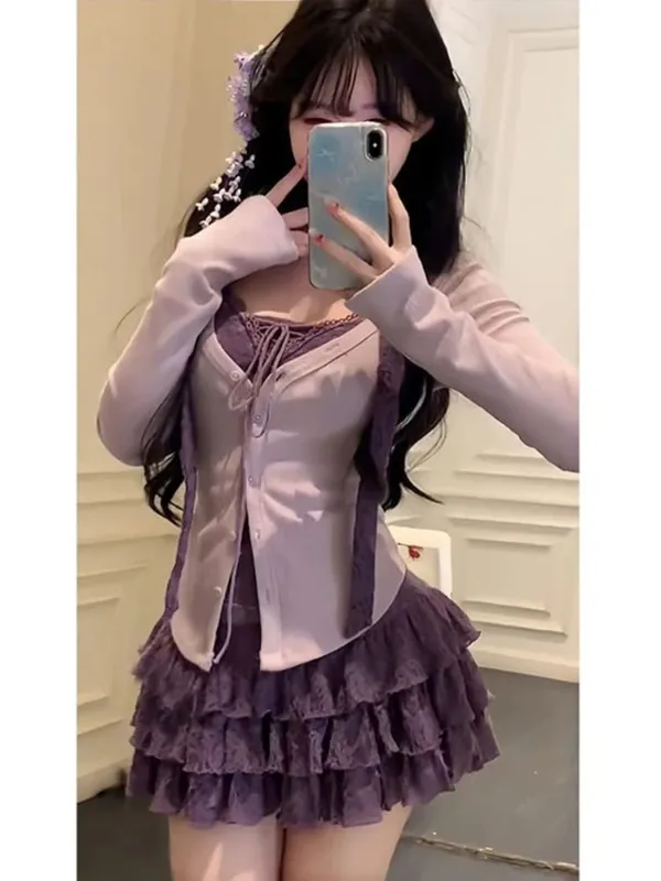 Sweet Knitted Sweater Dress Women Casual Long Sleeve Elegant French Y2k Mini Dress Even Party Spring Korean Fashion Dress Sets