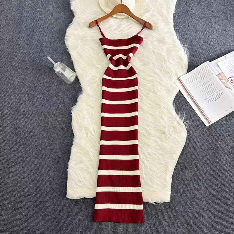 קיץ פס אלסטי Bodycon רצועת שמלת 2024 סקסית חוף שמלת קיץ נשים מקרית עיפרון דק Vestidos מקסי שמלה ארוכה